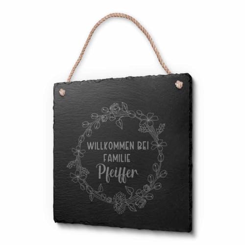 Schild mit Kordel aus Schiefer mit Deiner Wunsch-Gravur | Persönliches Geschenk oder individuelle Dekoidee | Mit Motiven zB Blumen Rosen Leuchtturm Herzen Vögel von CHRISCK design
