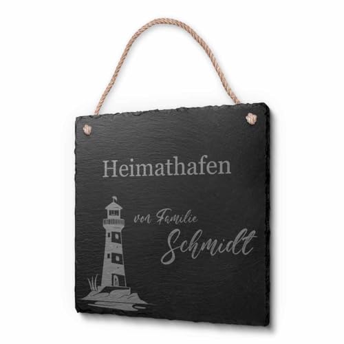 Schöne Schiefer Türschilder für die Haustür mit Gravur | Schiefer-Schild mit Kordel zum Aufhängen in ca. 20x20 cm Gravierte Namensschilder Klingelschilder mit Namen oder Texten Herzlich Willkommen von CHRISCK design