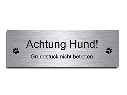 Echtes Edelstahl Hinweis-Schild Türschild Größe 10x3,5 oder 12x4 cm " Achtung " Hund Schäferhund selbstklebend oder mit Bohrlöcher Betreten auf eigene Gefahr Hundeschild Modell: M1 von CHRISCK design