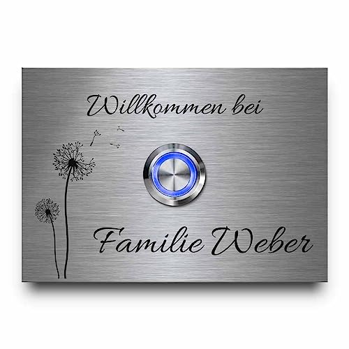 Türklingel Edelstahl - Klingel mit Namen und Gravur Text ab 10x7 cm - Modell Weber | Klingelplatte mit beleuchtetem Klingelknopf und vielen schönen Motiven von CHRISCK design