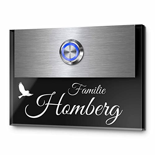 Edle Türklingel mit Gravur und LED-Klingelknopf und über 99 Motive personalisierbar 11x8 cm | Modell: Homberg-Aa | gravierte Klingel aus Hochglanz Acrylglas und Edelstahl Klingelschild Klingelplatte von CHRISCK design