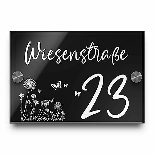 Türschild Hausnummer mit Gravur Schild aus Acrylglas Klingelschild 16x11 cm mit Edelstahl 2 Abstandshalter von CHRISCK design