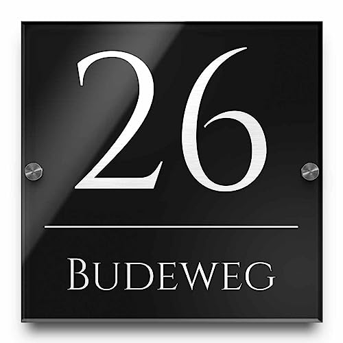 Moderne Hausnummer mit Gravur aus Hochglanz Acrylglas (23x23 cm) - hochwertiges Hausnummernschild schwarz o. anthrazit - wetterfestes Haustür Schild mit Zahlen von CHRISCK design