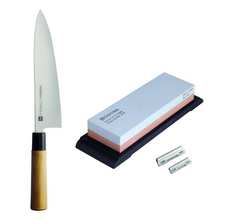 CHROMA Messer-Set Haiku Messerset: Kochmesser + XL-Kombi-Schleifstein + Schleifhilfen (Spar-Set, 3-tlg) von CHROMA