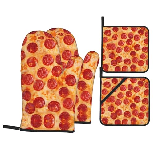 Chrysm 3D-Pizza-Pfeperoni-Ofenhandschuhe und Topflappen-Set, Küchenhandschuhe, Mikrowelle, Grill, hitzebeständig von CHRYSM