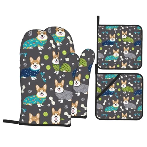 Chrysm Corgi Hunde-Ofenhandschuhe und Topflappen-Set, Küchenhandschuhe, Mikrowelle, Grill, hitzebeständig von CHRYSM