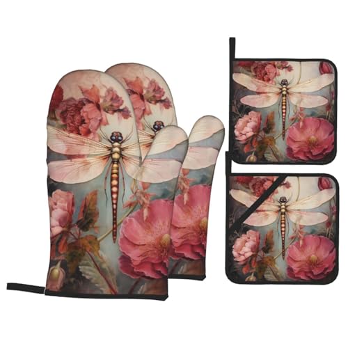 Libelle mit roten Blumen Ofenhandschuhe und Topflappen, Grillhandschuhe und Halter zum Kochen Backen (4-teiliges Set) von CHRYSM