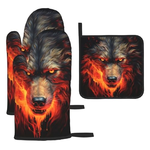 Red Wolf and Fire Ofenhandschuhe und Topflappen, Grillhandschuhe und Halter zum Kochen, Backen (3-teiliges Set) von CHRYSM