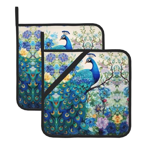 Topflappen mit blauem Pfau in Öl, Grill-Topflappen für hitzebeständige Topflappen, heiße Pads, Kochen, Backen (2er-Pack) von CHRYSM