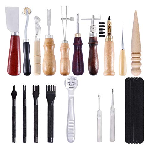 CHSEEA 19 Stück Lederbearbeitungs-Set Leder Fertigkeit Handwerk Werkzeug Set Leder Nähwerkzeuge Näh Set Schneiden Nähen Schnitzen Stanzen Lochen Leather Craft Tools Set #3 von CHSEEO