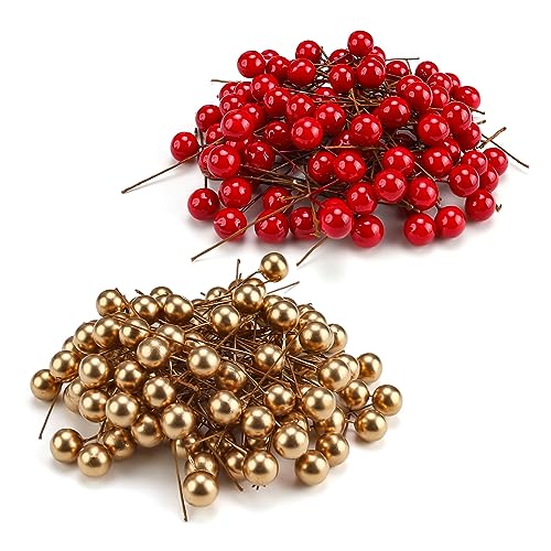 CHSEROK 200 Stücke Künstliche Beeren, 10mm Beeren Deko für Künstliche Tannenzweige, Gefälschte Früchte, Künstliche Beerenzweige, für DIY Basteln, Geschenkbox, Girlande Selber Machen (Gold und Rote) von CHSEROK