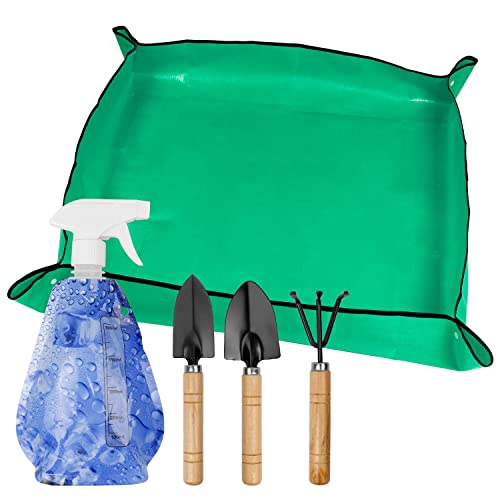 CHSEROK Pflanzmatte, 100 X 100cm Garten-Pflanzmatte mit 3-Teiligem Gartenwerkzeug-Set und Sprühflasche, wasserdichte Gartenmatte Faltbar, Geeignet zum, Bodenlockerung, Bewässerung, Umpflanzen von CHSEROK