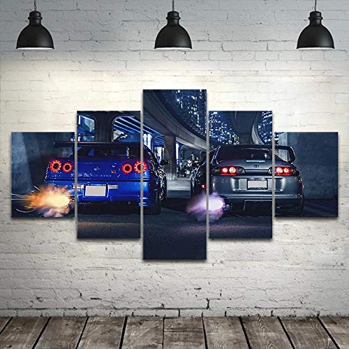 CHUADIAD 5 Stück Wandbild GTR R34 VS Supra Fahrzeug Modern 5 Panel Leinwand Gemälde HD Druck für Wohnzimmer Home Decor Poster - Rahmenlos von CHUADIAD