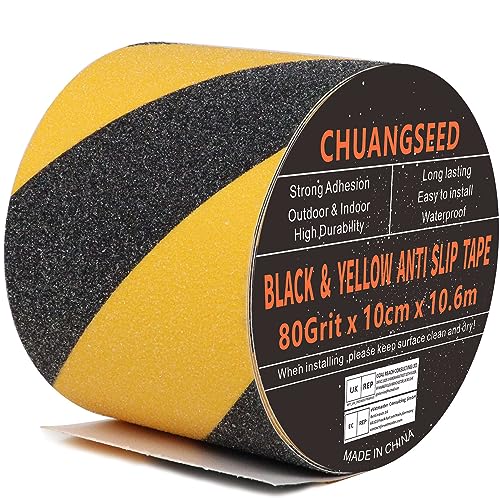 CHUANGSEED Schwarz&Gelb Anti-Rutsch-Klebeband 10cm x 10,6m High Grip Anti-Rutsch-Klebeband, für Treppen, Stufen, für Drinnen und Draußen (10cm x 10,6 m) von CHUANGSEED