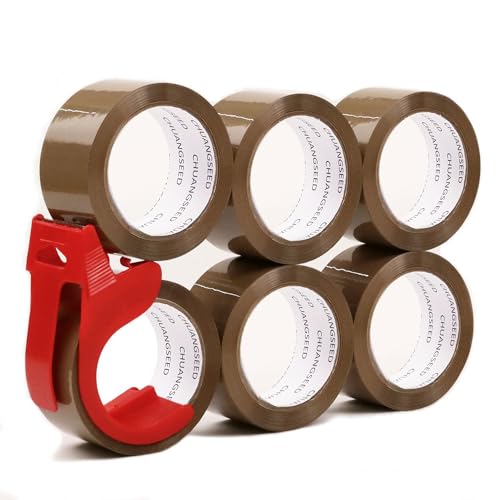 CHUANGSEED 6 Rollen,Brown packing tape with dispenser,48mmx66m Packband Paketklebeband Braun mit Plastik Abroller, Paketklebeband zum Verpacken von Paketen und Versandschachteln von CHUANGSEED