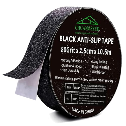 CHUANGSEED Schwarzes Anti-Rutsch-Band Selbstklebend 2.5cm x 10,6m High Grip Anti-Rutsch-Klebeband, Antirutsch Klebeband Wasserfest Treppe Anti Rutsch Streifen für den Innen- und Außenbereich von CHUANGSEED