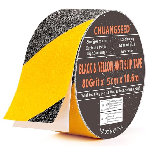 CHUANGSEED Antirutsch Klebeband Antirutsch Streifen Schwarz-Gelb Anti-Rutsch-Klebeband 5cm x 10,6m High Grip Warnband, Super Traktion,für Indoor und Outdoor,Gelb & Schwarz von CHUANGSEED