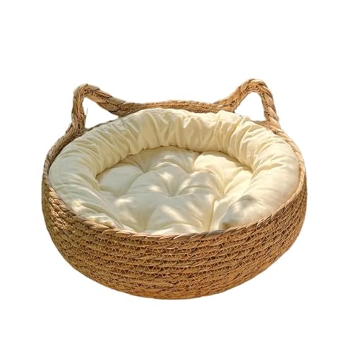 CHUANYGU Gewebtes Rattan-Katzenbett mit abnehmbarem Kissen, atmungsaktives Donut-Haustierbett für Katzen und kleine Hunde, weiche PP-Baumwoll-Füllung, Naturfaser-Nest (weißes Kissen, 35 cm) von CHUANYGU