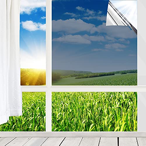 Fenster Spiegelfolie Selbstklebend Sonnenschutzfolie Dachfenster 99% UV-Schutz Fensterfolie, 90x400cm Silber von CHUANYONGLIANGZHI