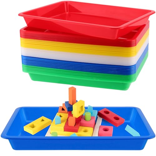 CHUENHEI 15 Stück Plastik Tablett Rechteckig Klein, 27.5x21x3cm Bunt Tablett Kunststoff Rechteckige Materialschalen 5 Farben, Serviertablett Kunststoff für DIY-Projekte, Basteln und Organisation von CHUENHEI