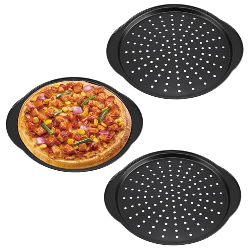 CHUENHEI 3 Stück 32 cm Pizzablech Rund, Karbonstahl Pizzablech Perforiert, Schwarz Pizza Backblech Rund Antihaftbeschichtet, Perforierte Pizza Backform für Ofen, Küche von CHUENHEI