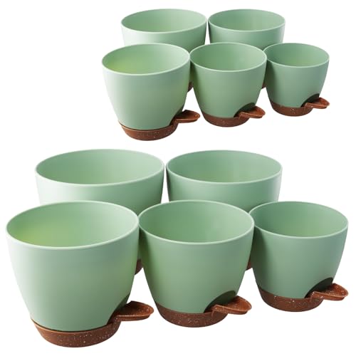 CHUENKUK 10er Set Grün Durchmesser 18cm/16,5cm/15,2cm/14cm/12,7cm Blumentopf, mit Bewässerungssystem Kunststoff Pflanztopf Selbstbewässerungstopf, für Balkon Büro Garten von CHUENKUK