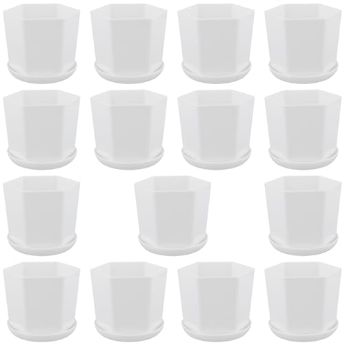 CHUENKUK 15 Stück Kleine Kunststoff Blumentöpfe Weiße, 9 x 8.1cm Sechseck Anzuchttöpfe mit Untersetzern, Pflanztöpfe Eckig, Kräuter, Sukkulenten, Balkon, Dekoration von CHUENKUK