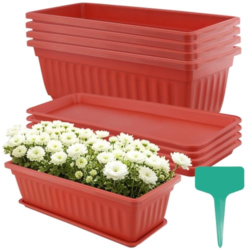CHUENKUK 5 Stück Blumenkasten Rot mit Untersetzer, 43 x 18 x 14 cm Pflanzkasten Kunststoff mit 25 Grün Etiketten, Rechteckig Fensterbank Blumenkästen für Balkon, Garten von CHUENKUK