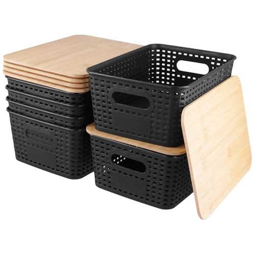 CHUENKUK 6er Set Aufbewahrungsboxen mit Bambus Deckel, 25,5 x 18,5 x 10,5cm Schwarze Aufbewahrungskorb Kunststoff, Stapelbare Boxen Aufbewahrung Korb für Küche, Bad, Büro CHUENKUK 6er Set Aufbewahrungsboxen mit Bambus Deckel, 25,5 x 18,5 x 10,5cm Schwarze Aufbewahrungskorb Kunststoff, Stapelbare Boxen Aufbewahrung Korb für Küche, Bad, Büro von CHUENKUK