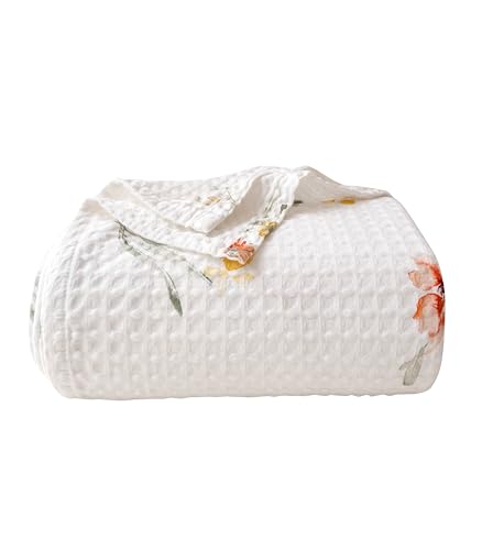 CHUFFED 100% Baumwolle Decke 220x240 cm, Weiche Atmungsaktive Tagesdecke Waffelmuster Blumenmuster Leichte Decke als Sofadecke Couchdecke Kuschelige Wohndecke Wohnzimmer Sofa Couch White Blumendruck von CHUFFED