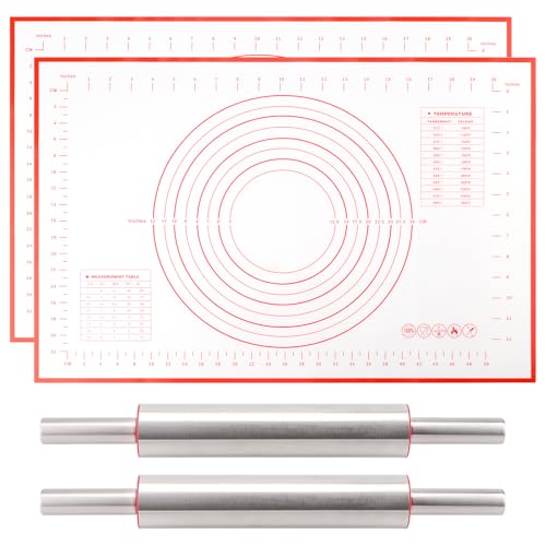 CHUIFAI 2er Set Nudelholz Edelstahl mit 60x40cm Silikon Backmatte, 43cm Nudelhölzer Teigroller Metall, Drehbare Teigausroller, Antihaft Teigrolle für Gebäck Teig Pizza Nudeln Kuchen Zuckerguss von CHUIFAI