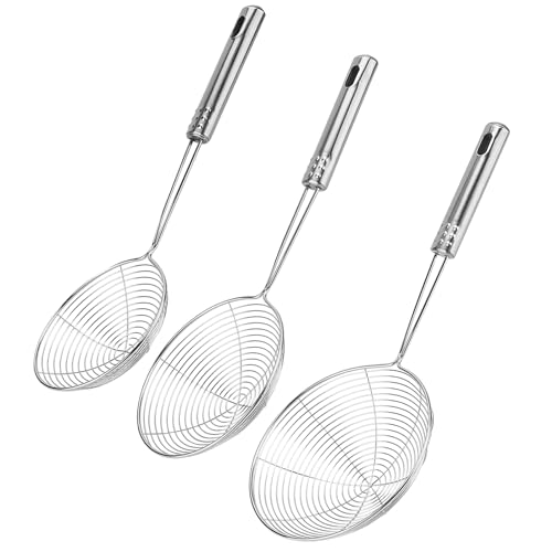 CHUIFAI 3 Stück Spinnennetz Schaumlöffel Edelstahl, 12cm 13cm 15cm Spinnensieb Edelstahl Küchensieb mit Griff, Abschäumer Abseihlöffel Sieb für Kochen, heiße Töpfe, Braten, Nudelsieb von CHUIFAI