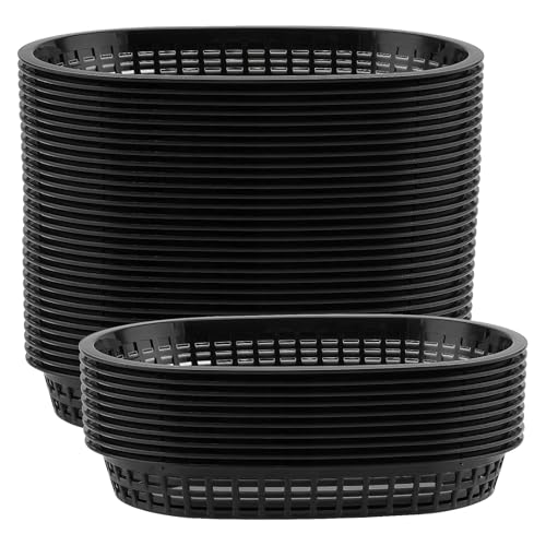 CHUIFAI 50 Stück Oval Fast Food Körbe Schwarz, 26,8x17,5x3,5cm Kunststoff Servierkörbe Lebensmittelkörbe, Schwarz Pommes Körbchen zum Servieren Burger Frites Snackkorb von CHUIFAI