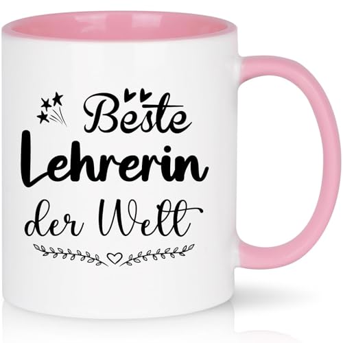 CHUIN DRUCK Tasse Geschenk für Beste Lehrerin der Welt Abschiedsgeschenk Lehrerin Geschenk Tasse Abschied Grundschule Lehrerinnen Abschied Ruhestand, 320ml Rosa von CHUIN DRUCK