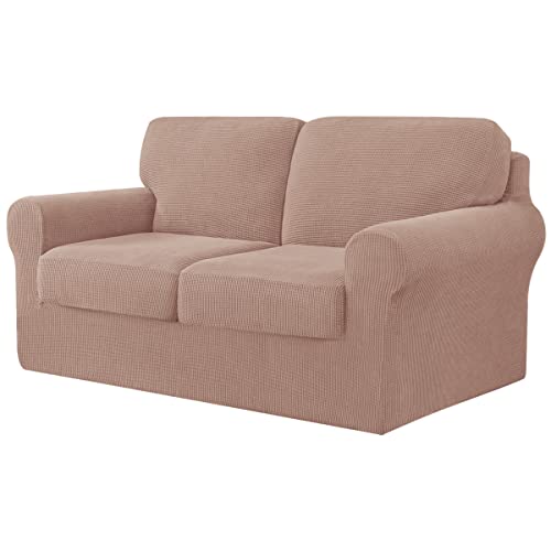 CHUN YI 5-teiliger Stretch-Sofabezug, 2-Sitzer, mit Zwei separaten Kissen und Rückenlehnen, stilvoller Jacquard-Spandex-Stoff, Sofabezug für Wohnzimmermöbelschutz (2-Sitzer, Kamelfarben von CHUN YI