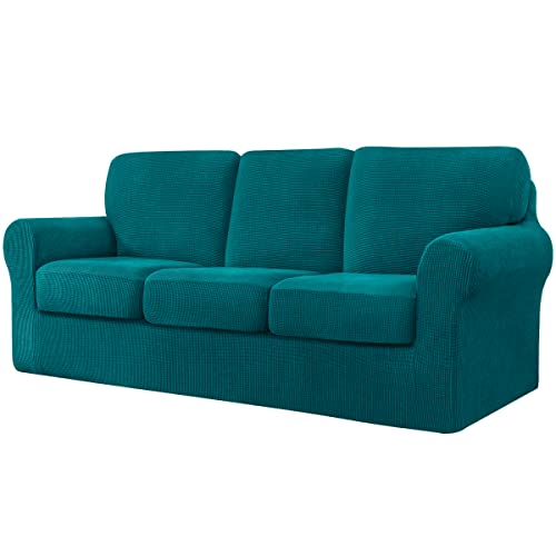 CHUN YI 7-teiliger Stretch-Sofabezug, 3-Sitzer, mit DREI separaten Kissen und Rückenlehnen, stilvoller Jacquard-Spandex-Stoff, Sofabezug für Wohnzimmermöbelschutz (3-Sitzer, Blau von CHUN YI