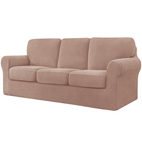 CHUN YI 7-teiliger Stretch-Sofabezug, 3-Sitzer, mit DREI separaten Kissen und Rückenlehnen, stilvoller Jacquard-Spandex-Stoff, Sofabezug für Wohnzimmermöbelschutz (3-Sitzer, Kamelfarben von CHUN YI