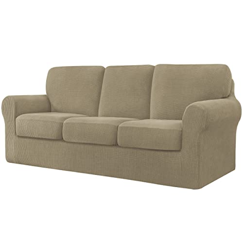 CHUN YI 7-teiliger Stretch-Sofabezug, 3-Sitzer, mit DREI separaten Kissen und Rückenlehnen, stilvoller Jacquard-Spandex-Stoff, Sofabezug für Wohnzimmermöbelschutz (3-Sitzer, Sand) von CHUN YI