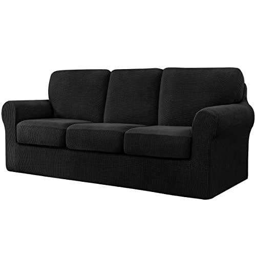 CHUN YI 7-teiliger Stretch-Sofabezug, 3-Sitzer, mit DREI separaten Kissen und Rückenlehnen, stilvoller Jacquard-Spandex-Stoff, Sofabezug für Wohnzimmermöbelschutz (3-Sitzer, schwarz) von CHUN YI