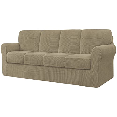 CHUN YI 9-teiliger Stretch-Sofabezug, 4-Sitzer, mit Vier separaten Kissen und Rückenlehnen, stilvoller Jacquard-Spandex-Stoff, Sofabezug für Wohnzimmermöbelschutz (4-Sitzer, Sand) von CHUN YI