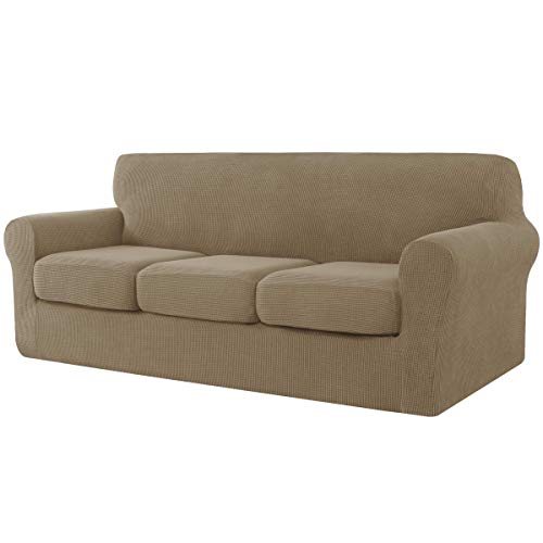 CHUN YI Elastischer Sofabezug für 3 Sitzer, separater Sofakissenbezug, schmutzabweisend, universal, für Sofa, Stoff oder Jacquardgewebe aus Polyester und Spandex (3 Sitzer, Sand) von CHUN YI
