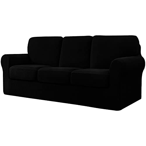 CHUN YI 7-teiliger Stretch-Sofabezug, 3-Sitzer-Schonbezug mit DREI separaten Kissen und Rückenlehnen, Jacquard-Spandex-Stoff (3-Sitzer, schwarz) von CHUN YI