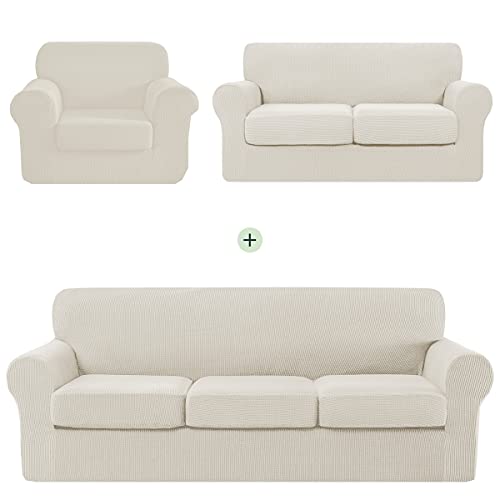 CHUN YI Stretch-Sofa-Schonbezug-Set für Couch und Loveseat und Sessel, Couch-Schonbezug mit separatem Kissen, Sofabezug-Set für 1-2-3-Sitzer (Elfenbeinweiß/creme, Bezüge für Sofa & Zweisitzer & Stuhl) von CHUN YI