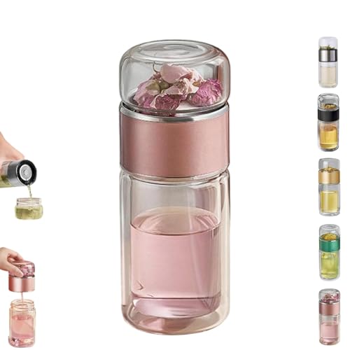 2025 Neue Glas-Tee-Infuser-Flasche mit wärmeisolierter, tragbarer Teetasse mit Wassertrennung für losen Tee, Infusifie-Tee-Infuser, leichter tragbarer Reise-Teebereiter mit Teefilter (Rose Gold,350ml) von CHUNLIGOUJI