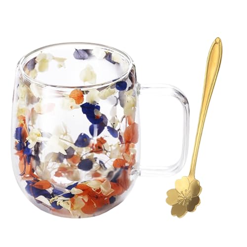 CHUNLINLAODA Kaffeebecher aus Glas mit trockenen Blumen Getrocknete Blumen Doppelwandige Kaffeetasse Aus Glas 350 ml doppelwandige Glasbecher Geschenke für Frauen Mutter Ehefrau (Blau-Gelb) von CHUNLINLAODA