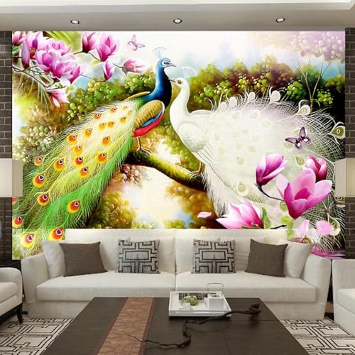 3D Wandbild Tapete handgemalte Blumen und Vögel Pfau Ölgemälde Leinwand Schlafzimmer Wohnzimmer Hauptdekoration Fototapete von CHUNYAGOK