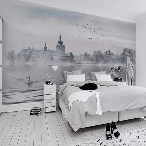 CHUNYAGOK 3D-Foto Europäische Architektur Schwan Nebel See Tapete geeignet für Schlafzimmer Wohnzimmer Wandmalerei Heimtextilien von CHUNYAGOK