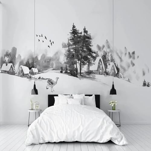 CHUNYAGOK Moderne schwarz-weiße Tuschemalerei Winter Schneedorf Landschaft Tapete geeignet für Schlafzimmer Wohnzimmer Wanddekoration von CHUNYAGOK