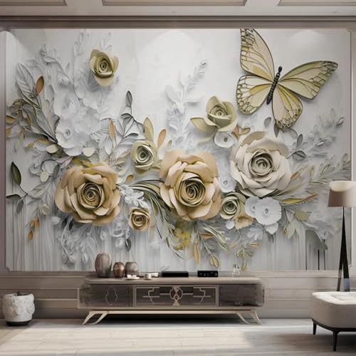 CHUNYAGOK Tapete 3D Relief gelbe Blumen Blätter Schmetterling Wandbild geeignet für Wohnzimmer Schlafzimmer Wandbild Leinwand von CHUNYAGOK