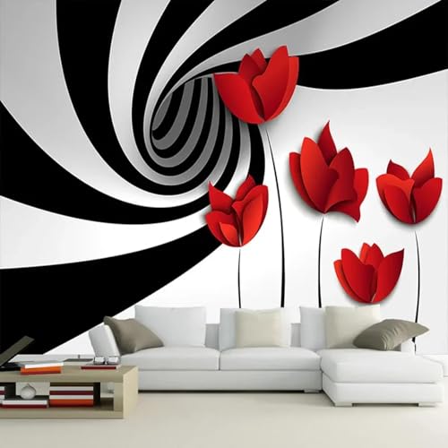CHUNYAGOK Wandtapete schwarz-weiße Streifen Blumen moderne 3D abstrakte geometrische Raum Wandbild Wohnzimmer Schlafzimmer Tapete von CHUNYAGOK